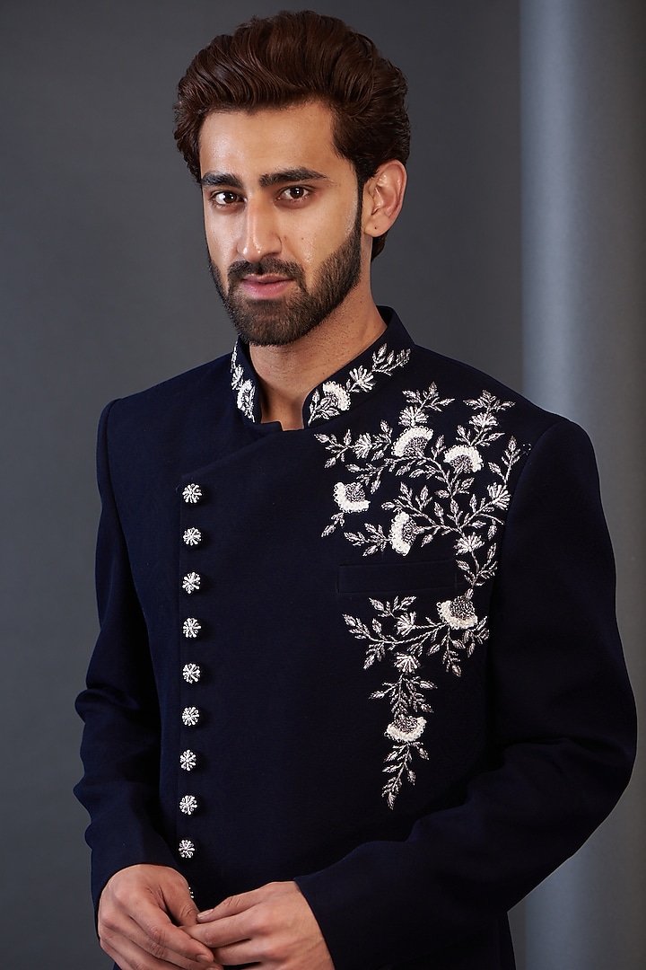 Blue Rayon Hand Embroidered Wedding Sherwani by GUJRALS at Pernia's Pop Up Shop