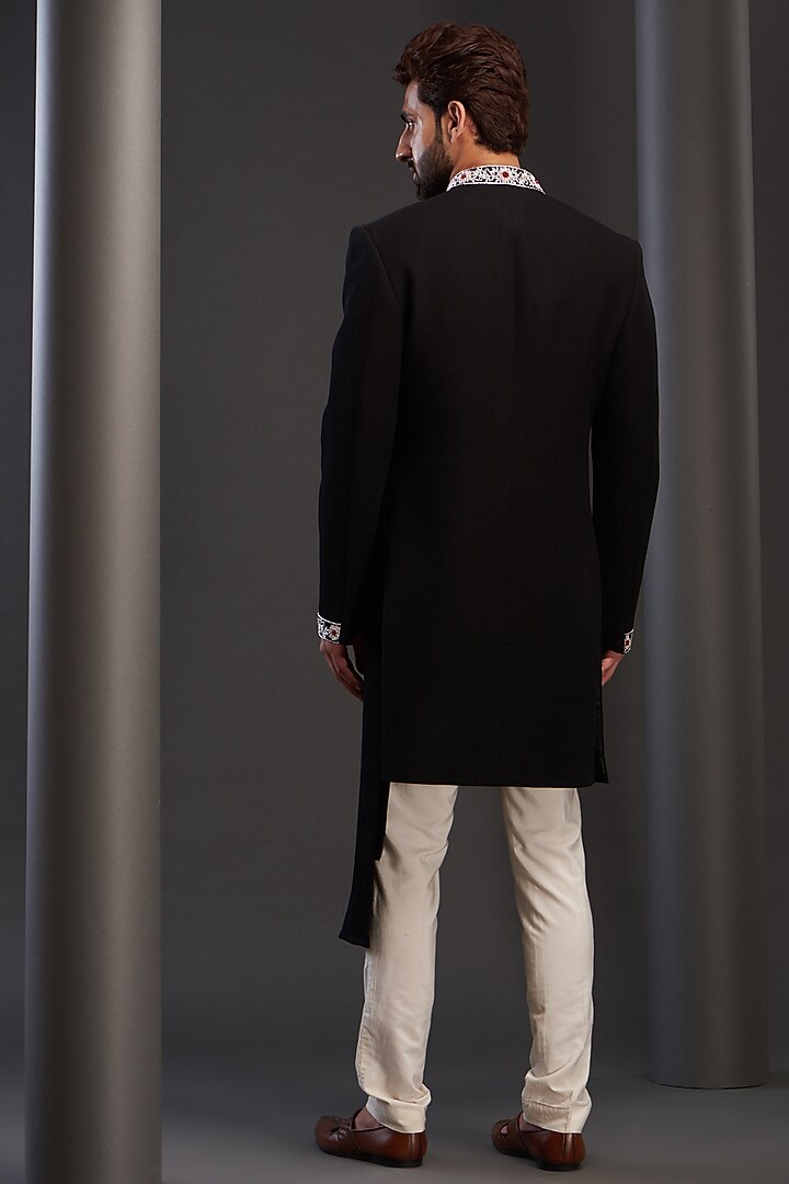 Black Rayon Draped Wedding Indowestern Jacket by GUJRALS at Pernia's Pop Up Shop