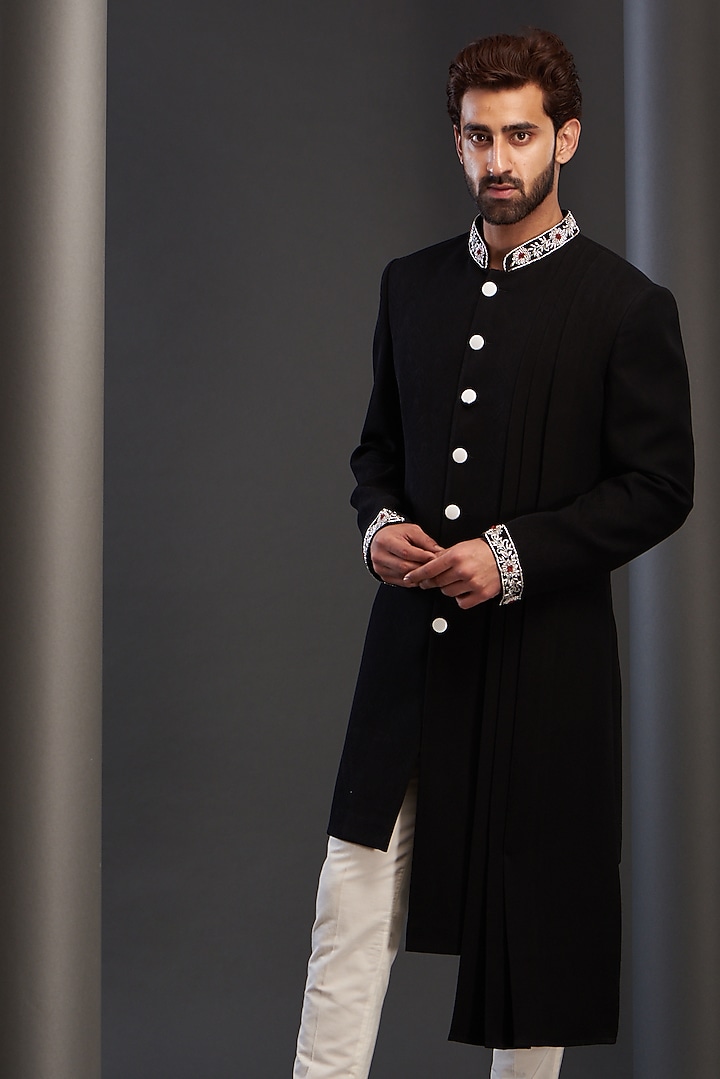 Black Rayon Draped Wedding Indowestern Jacket by GUJRALS at Pernia's Pop Up Shop