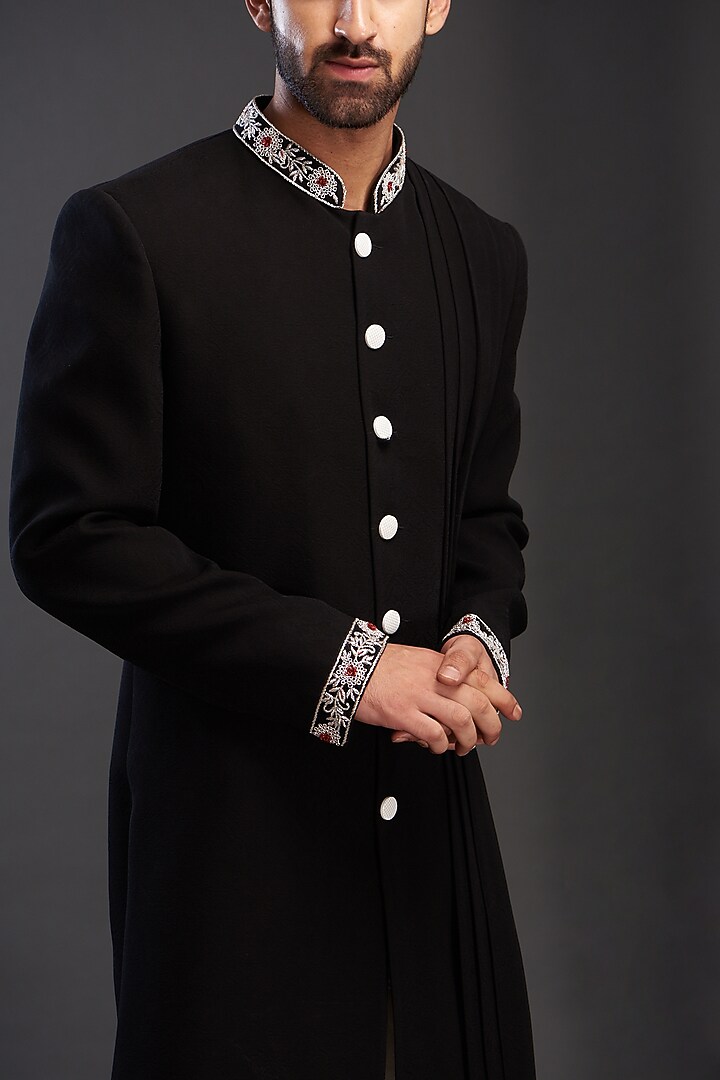 Black Rayon Draped Wedding Indowestern Jacket by GUJRALS at Pernia's Pop Up Shop