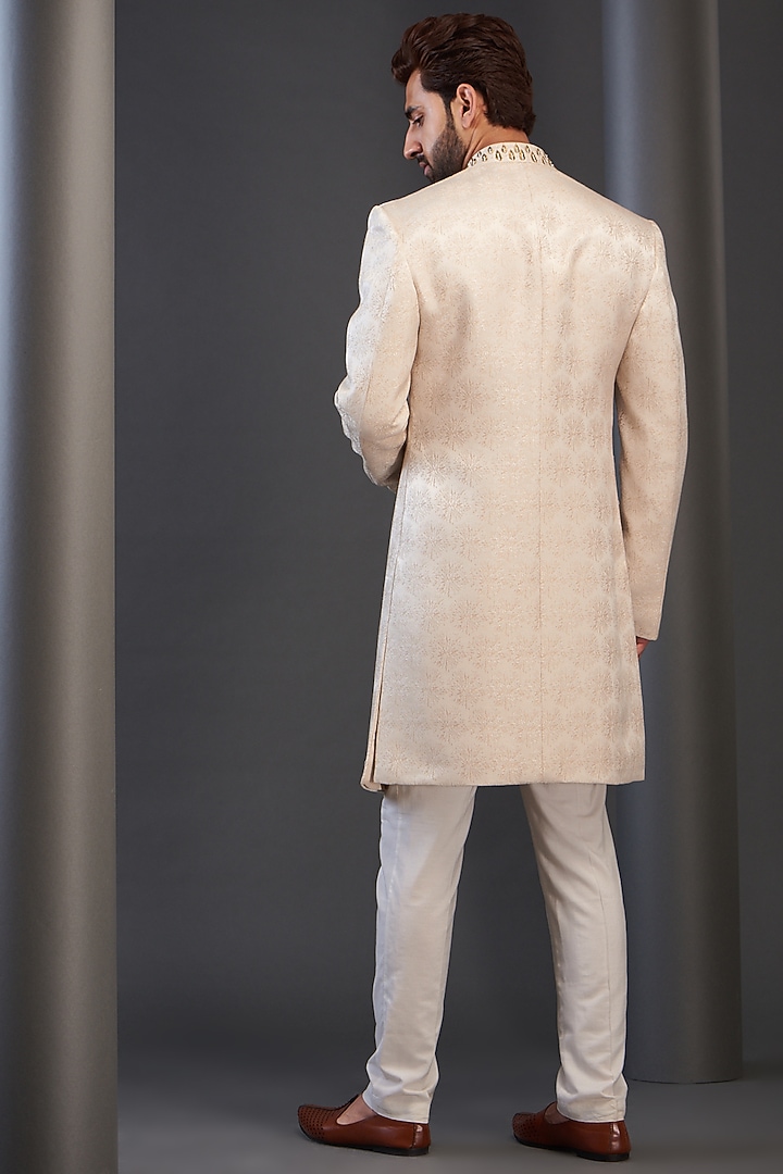 Cream Rayon Embroidered Wedding Sherwani by GUJRALS at Pernia's Pop Up Shop