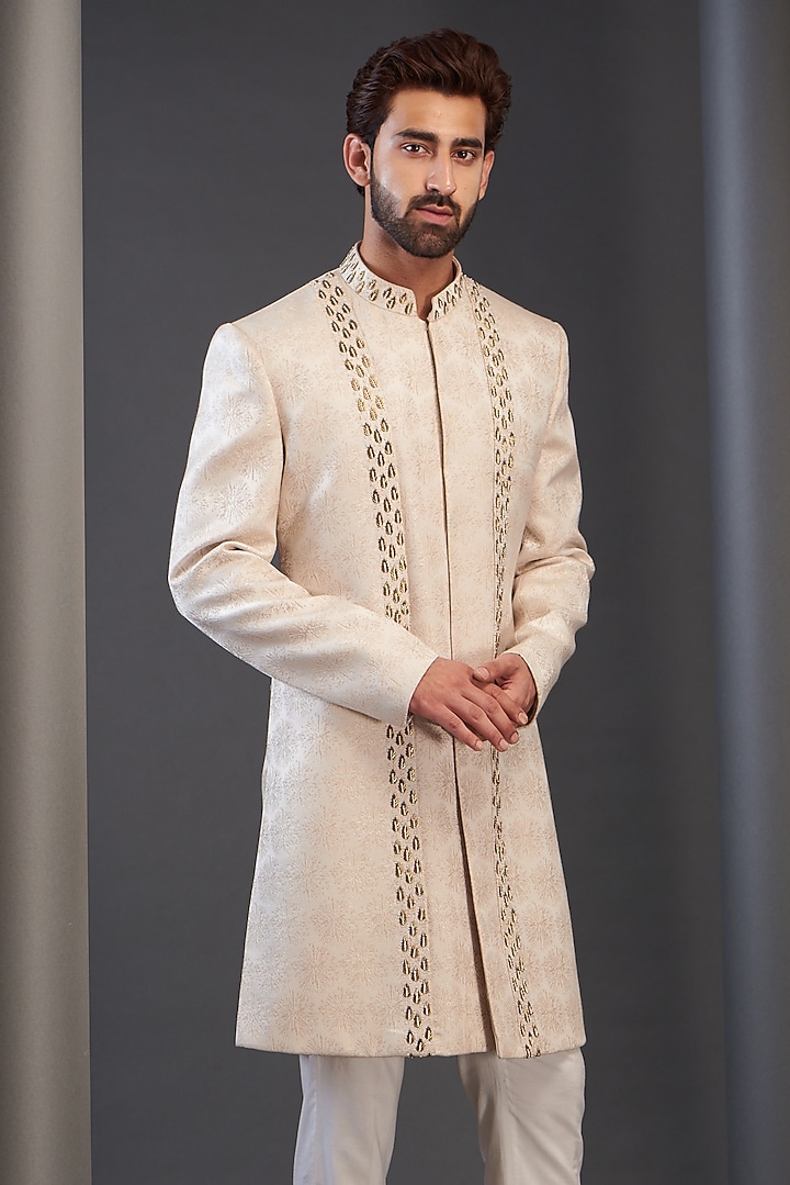 Cream Rayon Embroidered Wedding Sherwani by GUJRALS at Pernia's Pop Up Shop