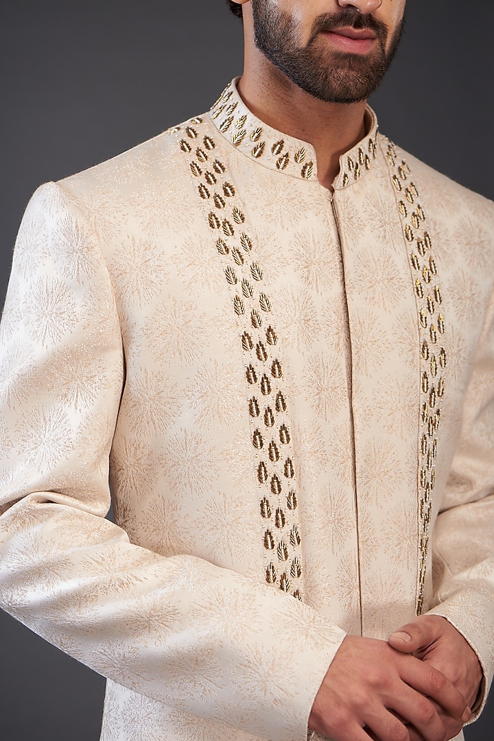 Cream Rayon Embroidered Wedding Sherwani by GUJRALS at Pernia's Pop Up Shop