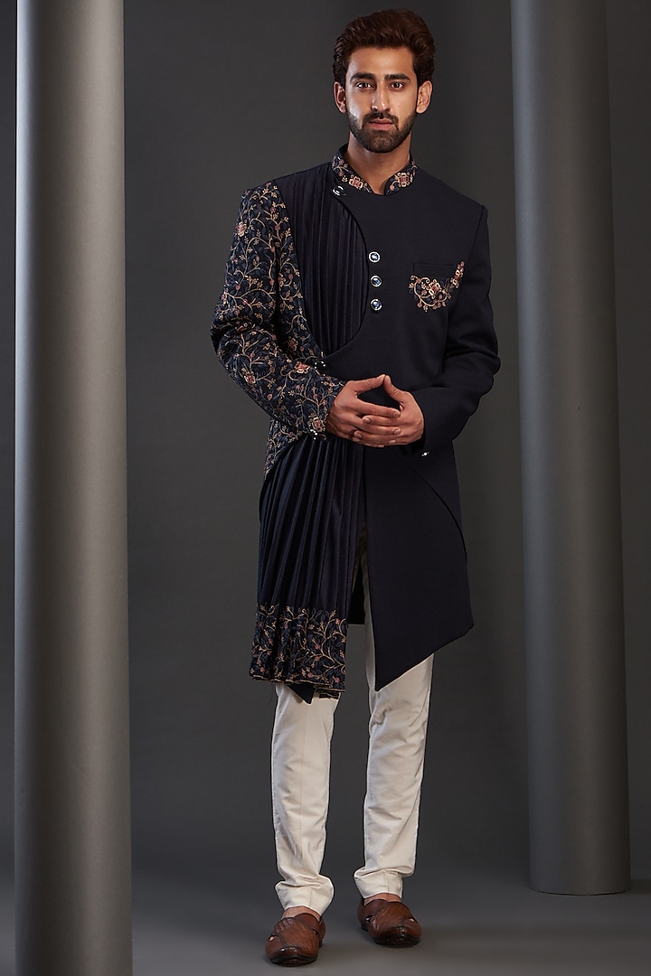 Blue Rayon Embroidered Draped Sherwani by GUJRALS