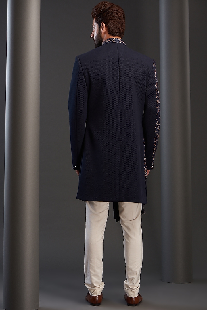 Blue Rayon Embroidered Draped Wedding Sherwani by GUJRALS at Pernia's Pop Up Shop