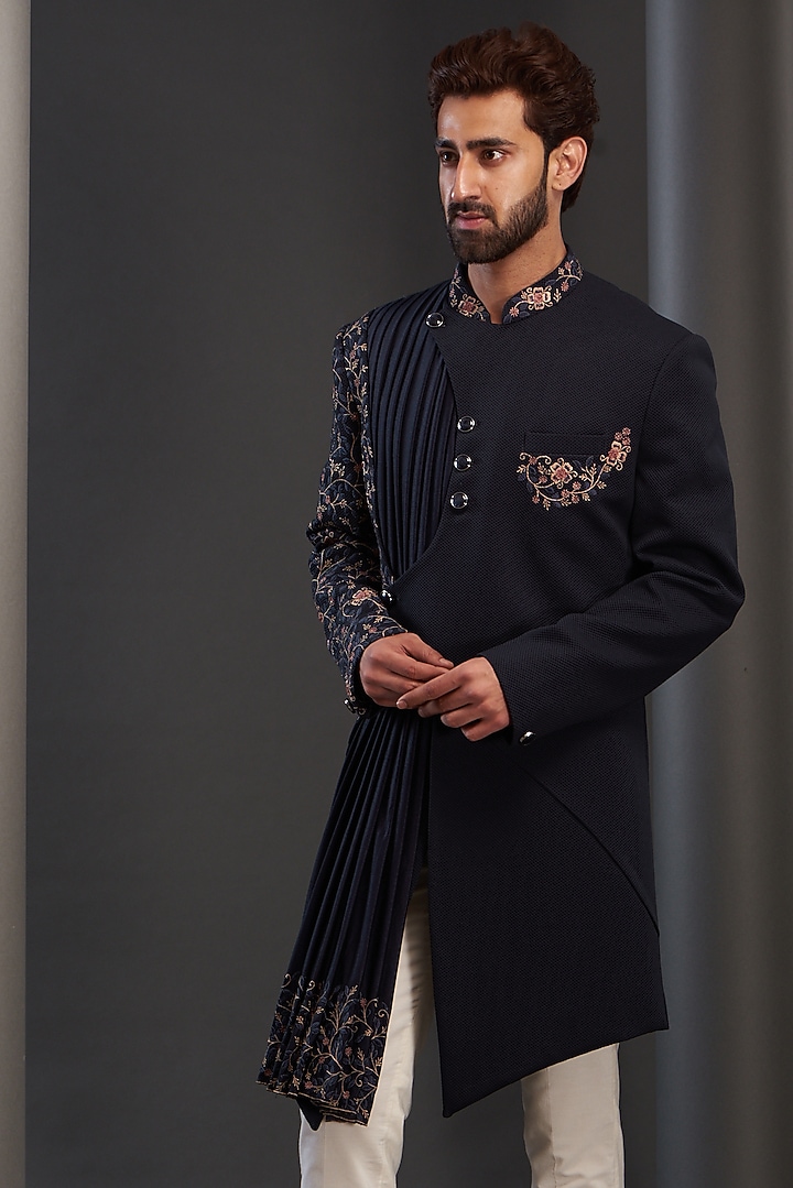 Blue Rayon Embroidered Draped Wedding Sherwani by GUJRALS at Pernia's Pop Up Shop