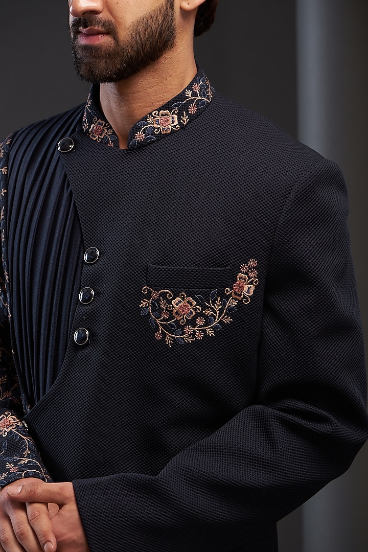 Blue Rayon Embroidered Draped Wedding Sherwani by GUJRALS at Pernia's Pop Up Shop