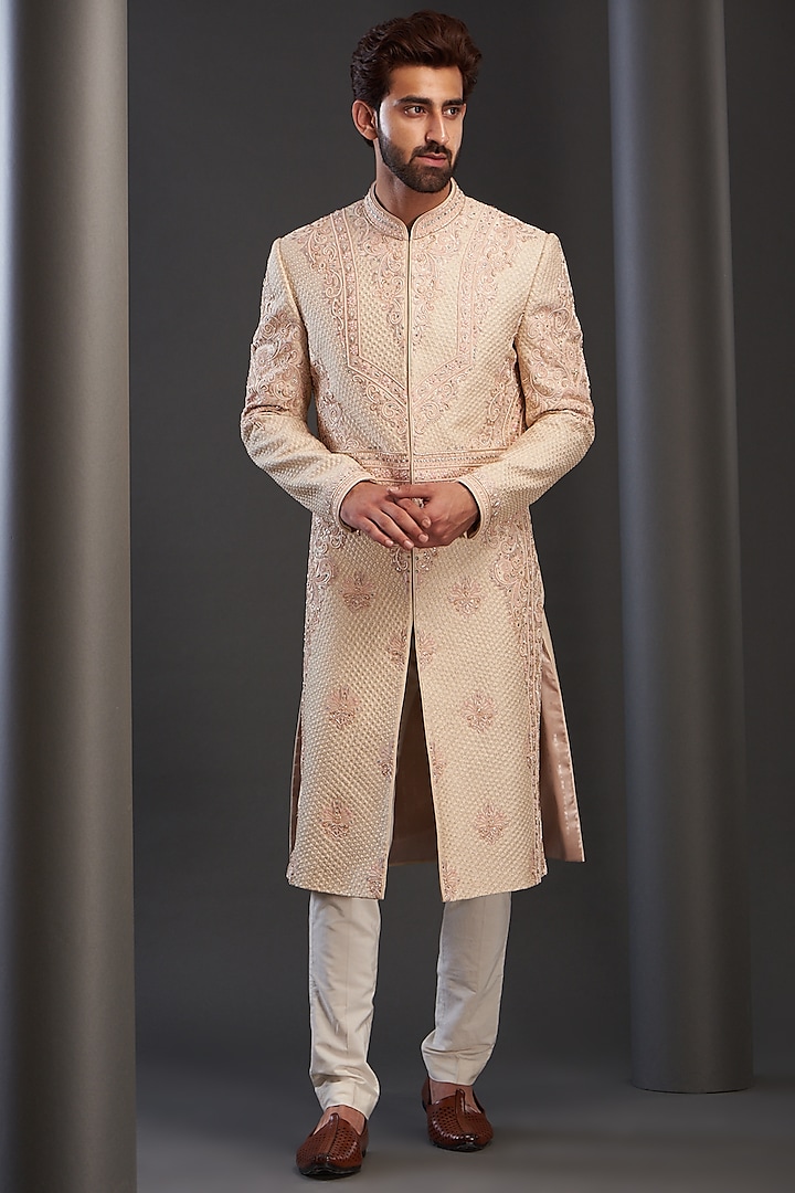 Peach Silk Hand Embroidered Sherwani by GUJRALS