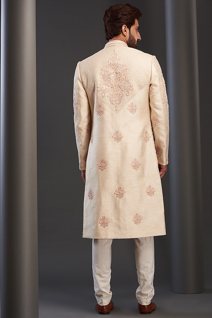 Peach Silk Hand Embroidered Groom Sherwani by GUJRALS at Pernia's Pop Up Shop