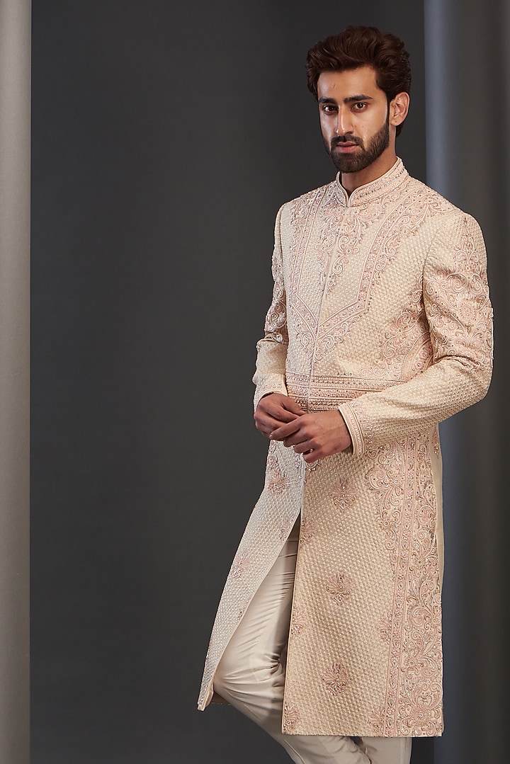Peach Silk Hand Embroidered Groom Sherwani by GUJRALS at Pernia's Pop Up Shop