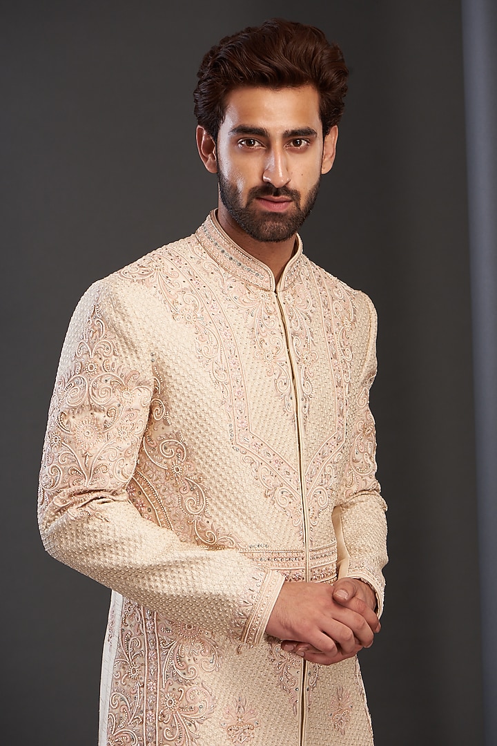 Peach Silk Hand Embroidered Groom Sherwani by GUJRALS at Pernia's Pop Up Shop