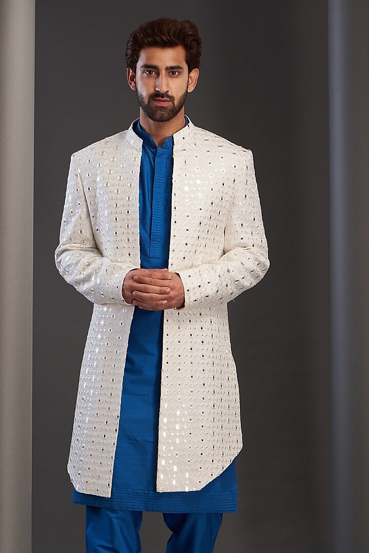 White Silk Embroidered Wedding Indowestern Set by GUJRALS at Pernia's Pop Up Shop