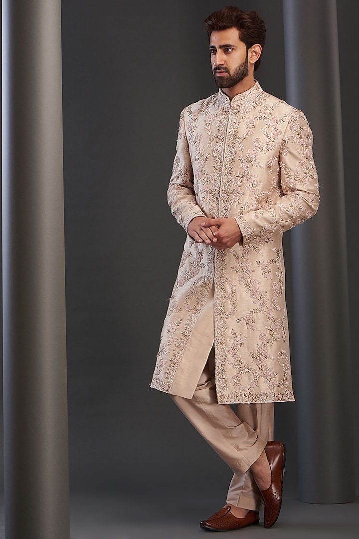 Rose Pink Silk Hand Embroidered Sherwani by GUJRALS