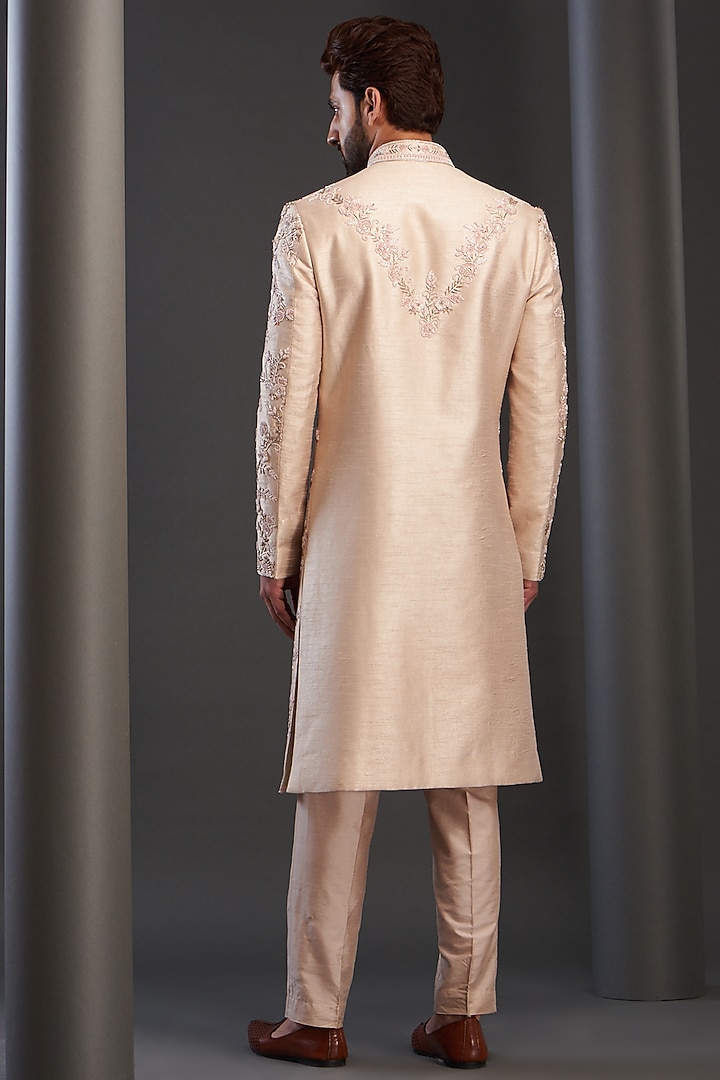 Rose Pink Silk Hand Embroidered Groom Sherwani by GUJRALS at Pernia's Pop Up Shop