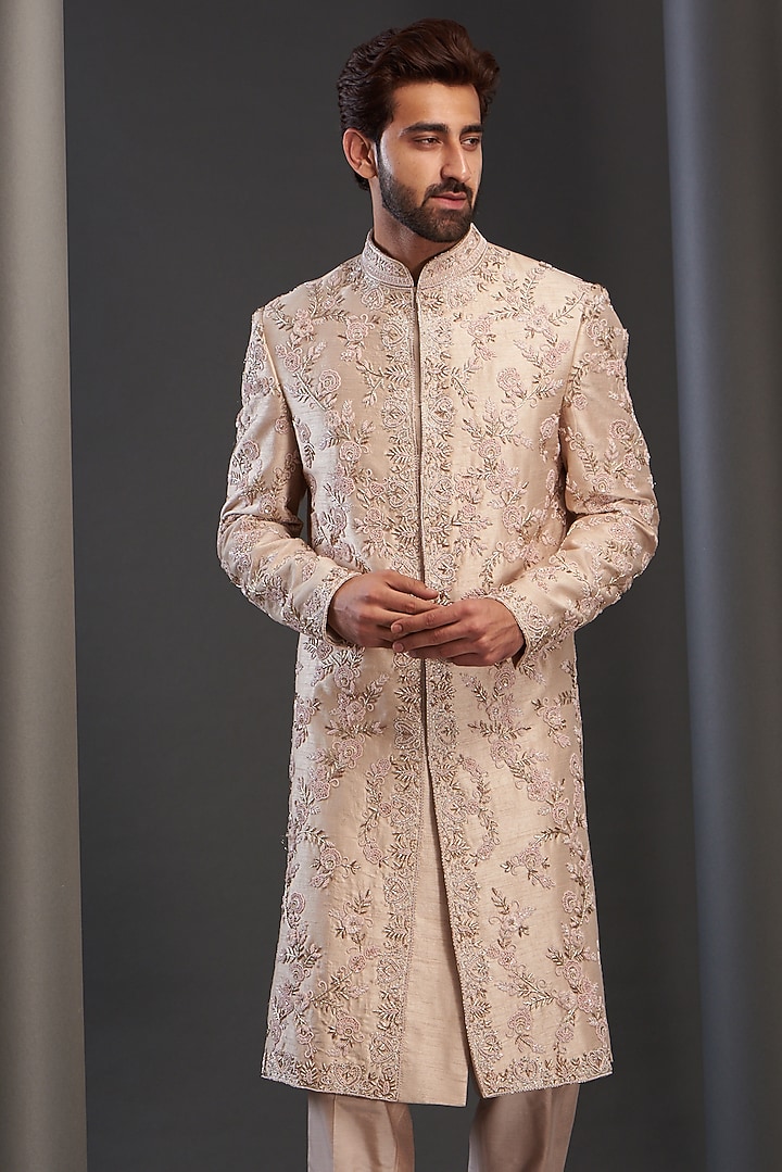 Rose Pink Silk Hand Embroidered Groom Sherwani by GUJRALS at Pernia's Pop Up Shop