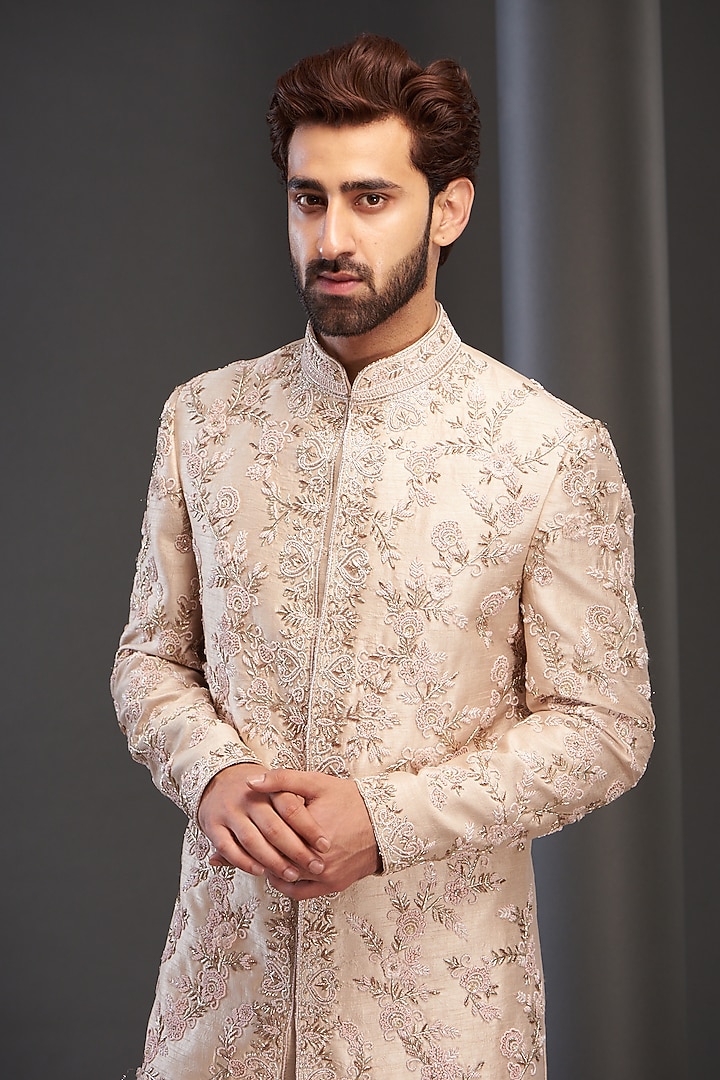 Rose Pink Silk Hand Embroidered Groom Sherwani by GUJRALS at Pernia's Pop Up Shop