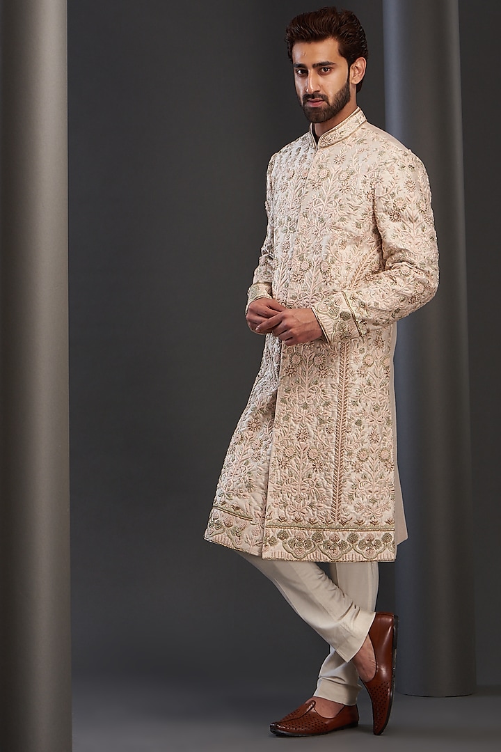 Fawn Silk Embroidered Sherwani Set by GUJRALS