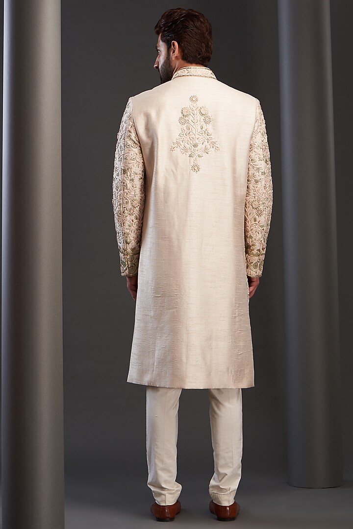 Fawn Silk Embroidered Groom Sherwani Set by GUJRALS at Pernia's Pop Up Shop