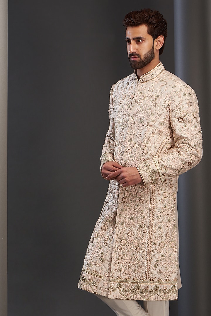 Fawn Silk Embroidered Groom Sherwani Set by GUJRALS at Pernia's Pop Up Shop