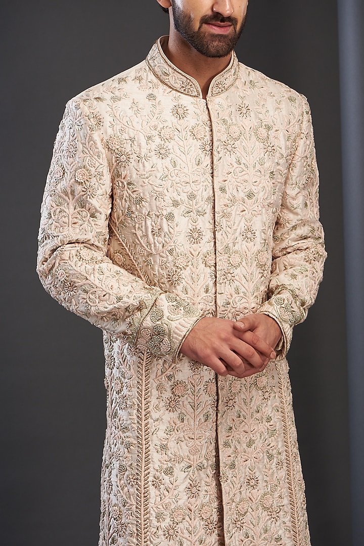 Fawn Silk Embroidered Groom Sherwani Set by GUJRALS at Pernia's Pop Up Shop