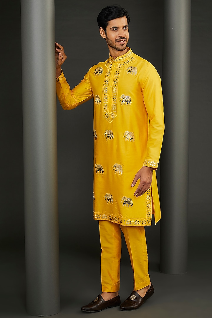 Yellow Cotton Silk Embroidered Kurta Set by GUJRALS at Pernia's Pop Up Shop