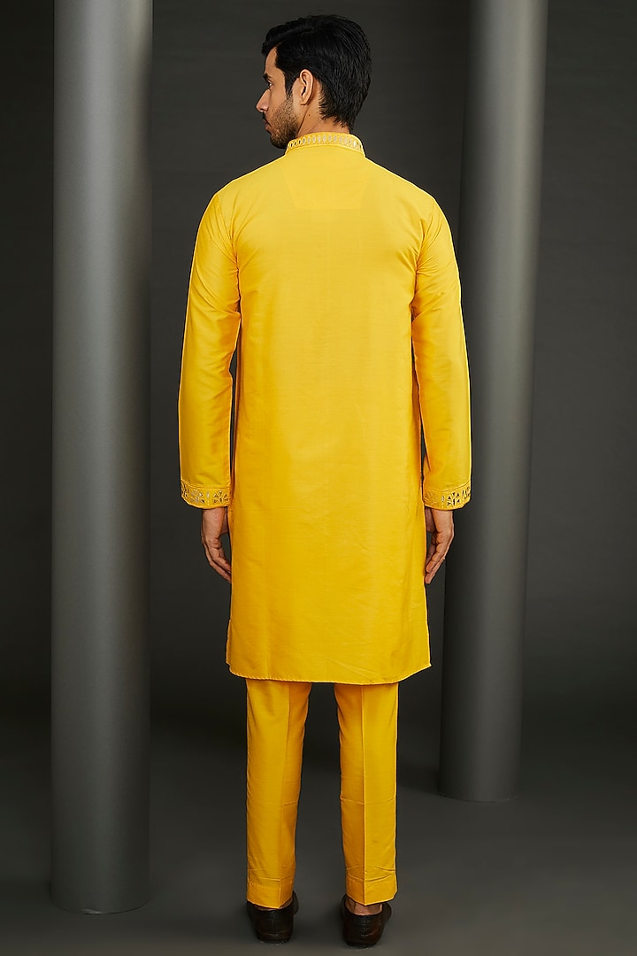 Yellow Cotton Silk Embroidered Kurta Set by GUJRALS at Pernia's Pop Up Shop