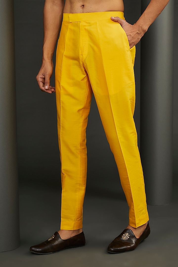 Yellow Cotton Silk Embroidered Kurta Set by GUJRALS at Pernia's Pop Up Shop
