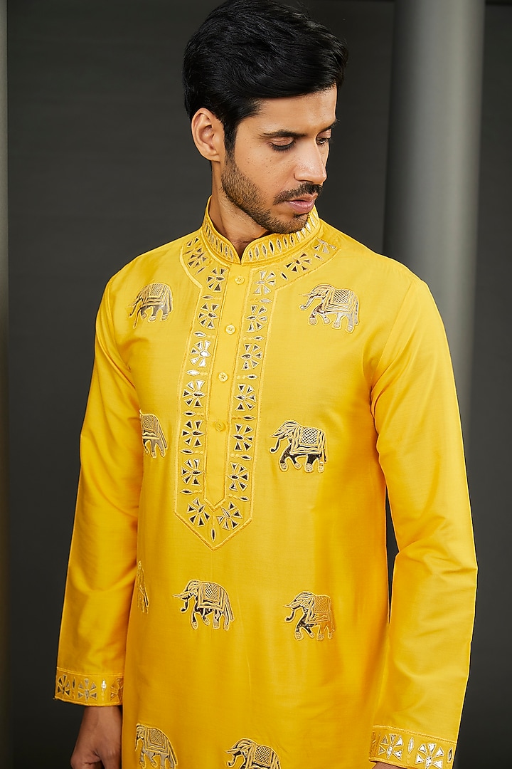 Yellow Cotton Silk Embroidered Kurta Set by GUJRALS at Pernia's Pop Up Shop