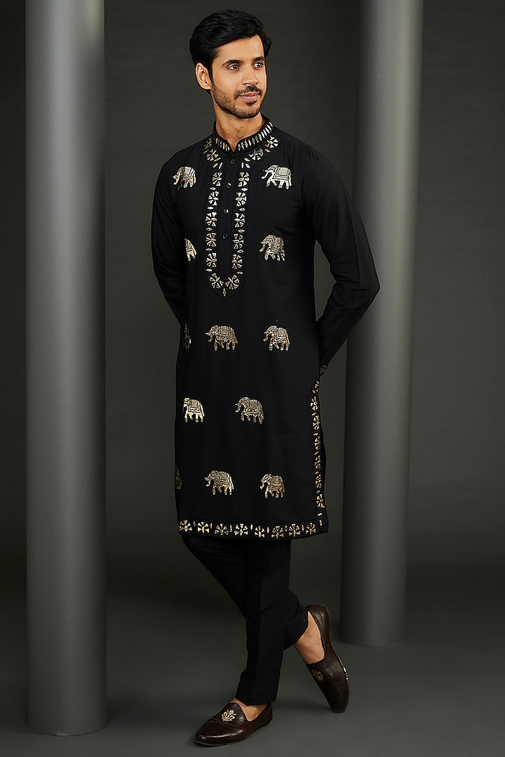 Black Cotton Silk Embroidered Kurta Set by GUJRALS at Pernia's Pop Up Shop