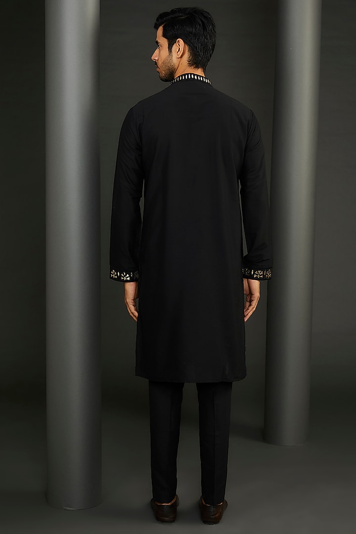Black Cotton Silk Embroidered Kurta Set by GUJRALS at Pernia's Pop Up Shop