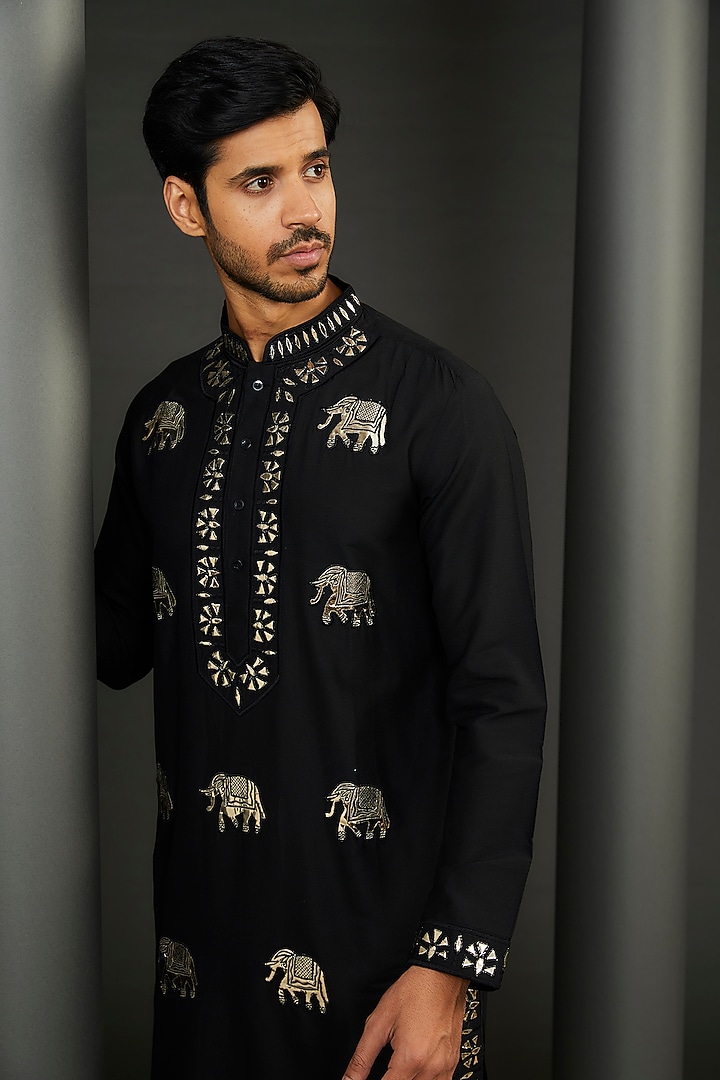 Black Cotton Silk Embroidered Kurta Set by GUJRALS at Pernia's Pop Up Shop