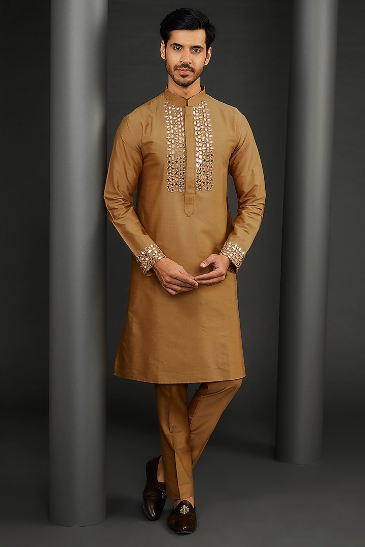 Mustard Cotton Silk Mirror Embroidered Kurta Set by GUJRALS