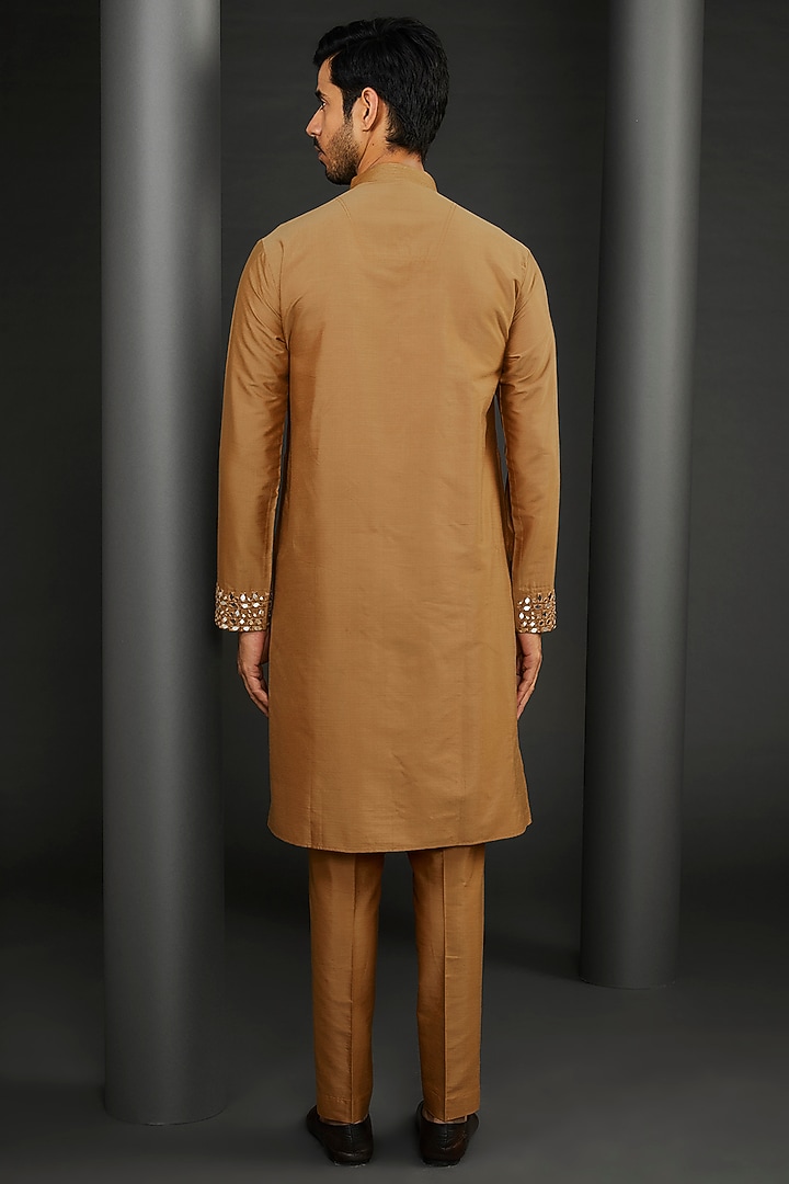 Mustard Cotton Silk Mirror Embroidered Kurta Set by GUJRALS at Pernia's Pop Up Shop