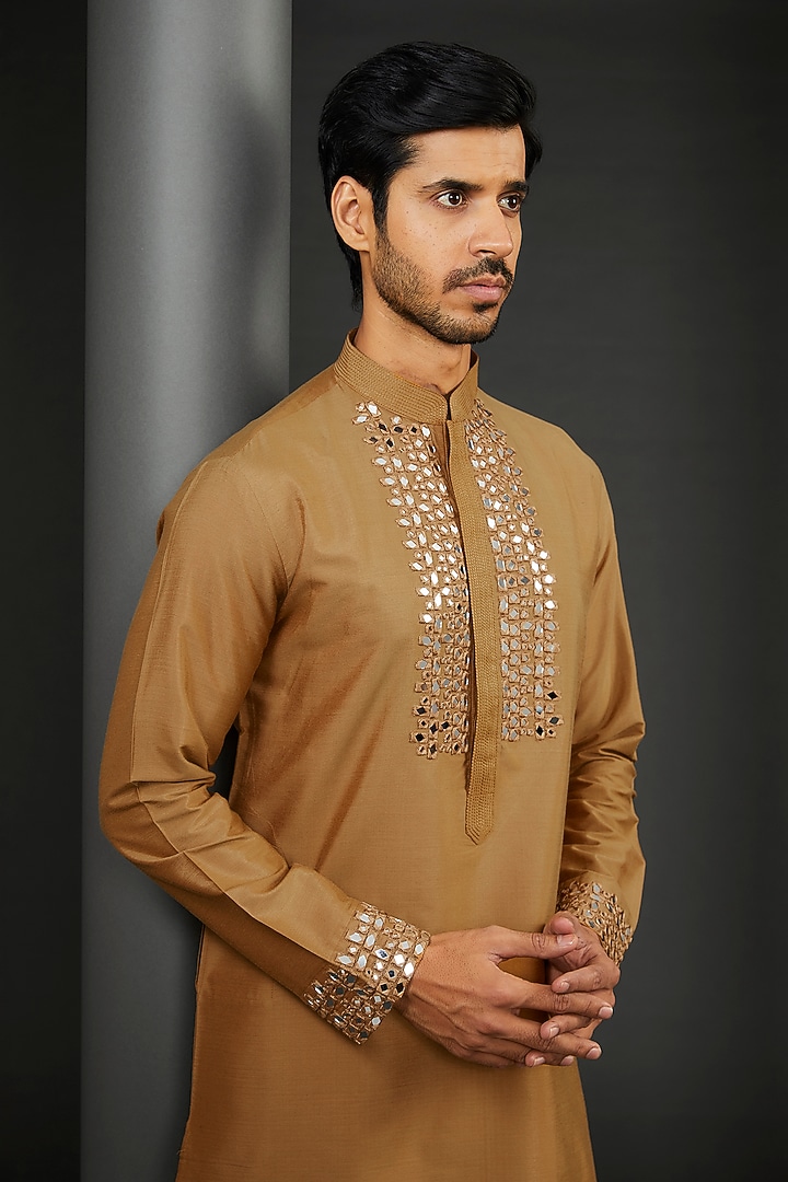 Mustard Cotton Silk Mirror Embroidered Kurta Set by GUJRALS at Pernia's Pop Up Shop