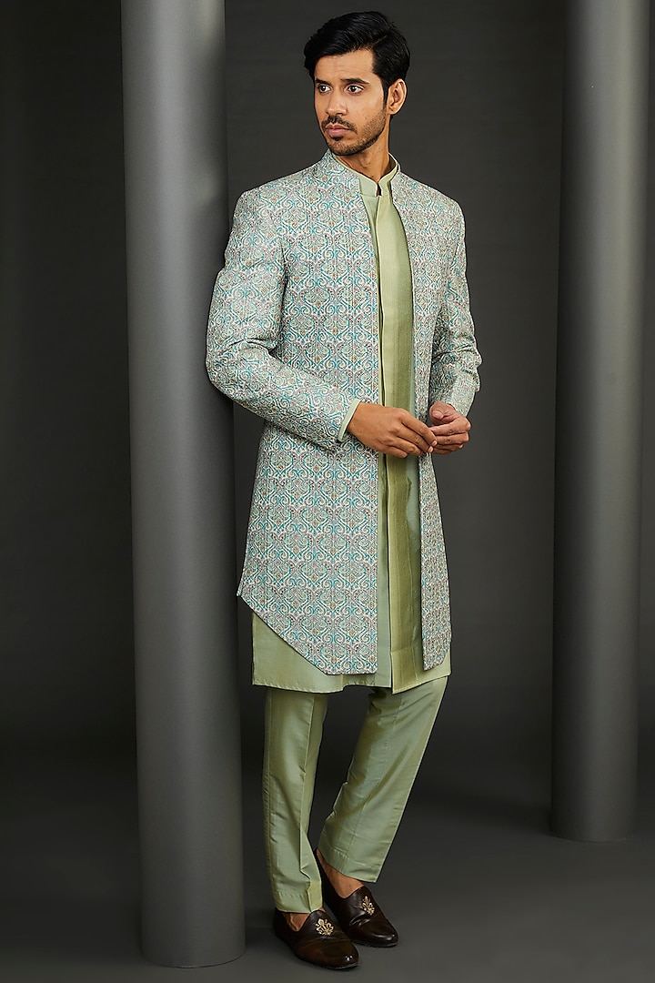 Green Cotton Silk Embroidered Sherwani Set by GUJRALS