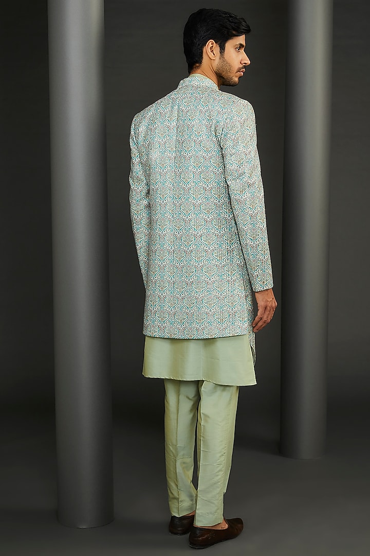 Green Cotton Silk Embroidered Wedding Sherwani Set by GUJRALS at Pernia's Pop Up Shop