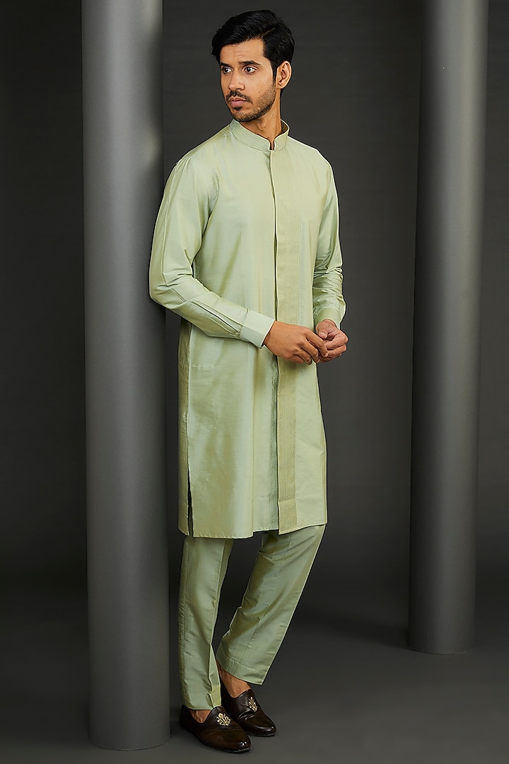 Green Cotton Silk Embroidered Wedding Sherwani Set by GUJRALS at Pernia's Pop Up Shop