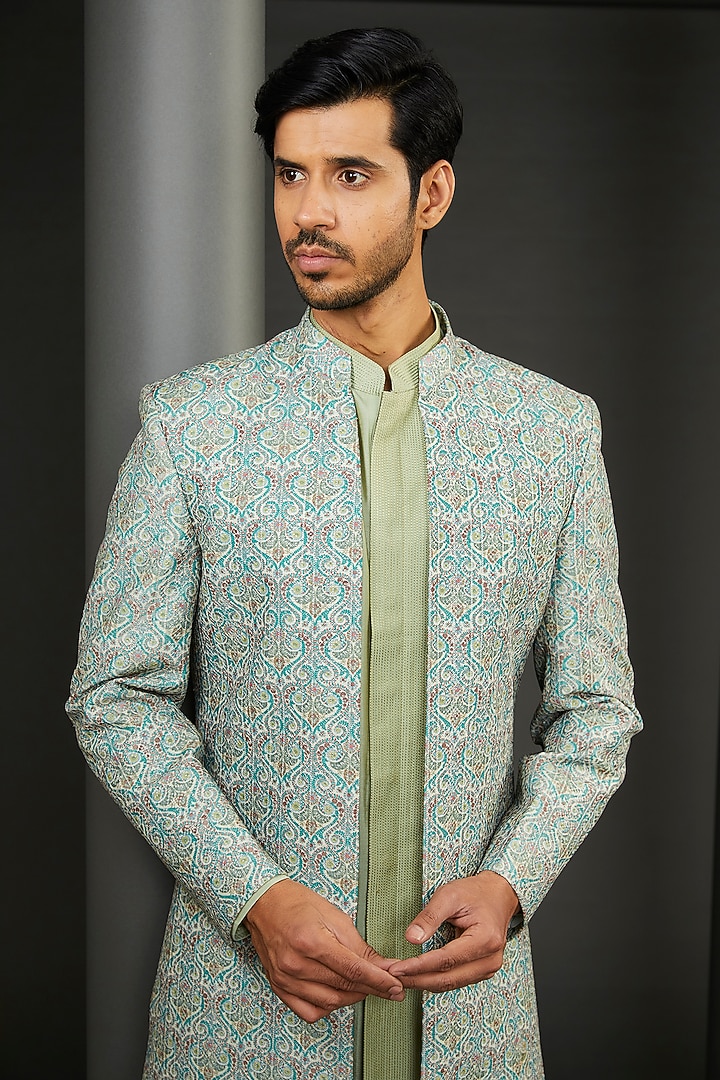 Green Cotton Silk Embroidered Wedding Sherwani Set by GUJRALS at Pernia's Pop Up Shop