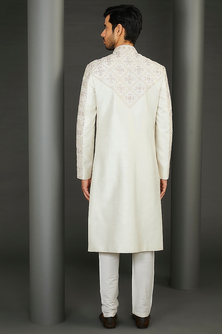 Ivory Silk Embroidered Groom Sherwani Set by GUJRALS at Pernia's Pop Up Shop