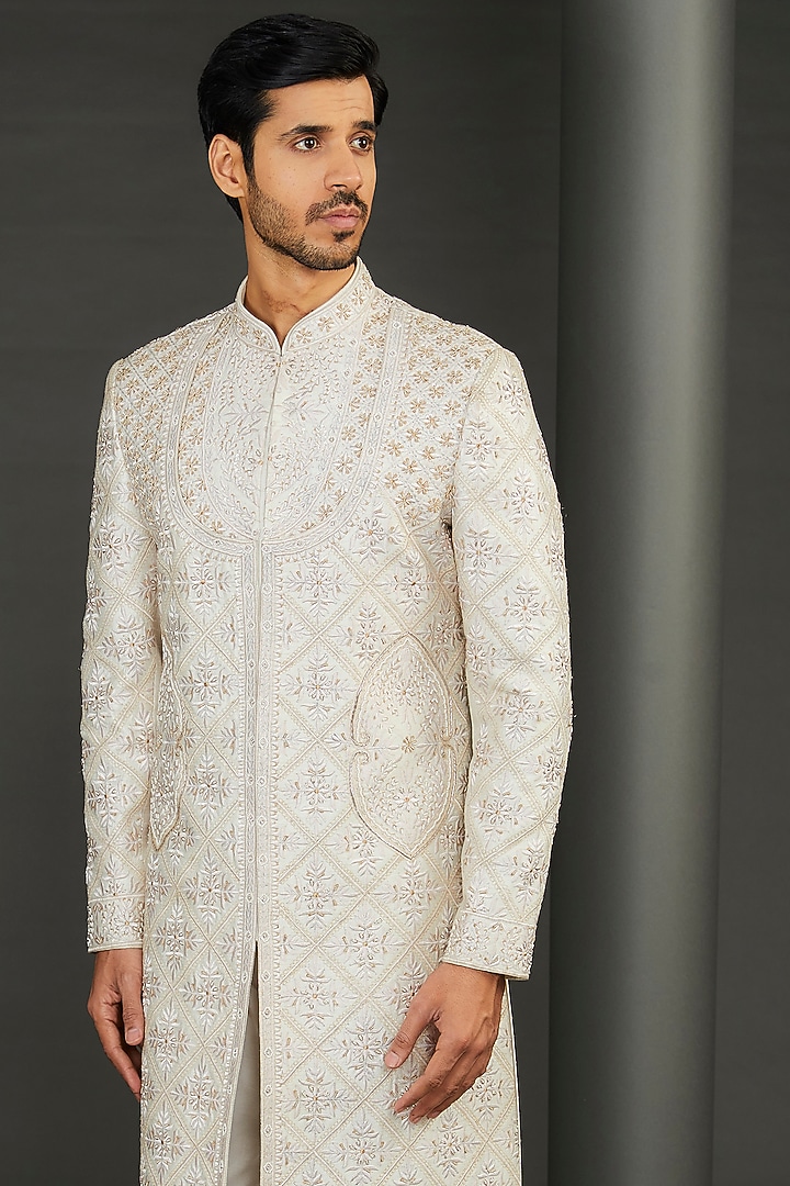 Ivory Silk Embroidered Groom Sherwani Set by GUJRALS at Pernia's Pop Up Shop