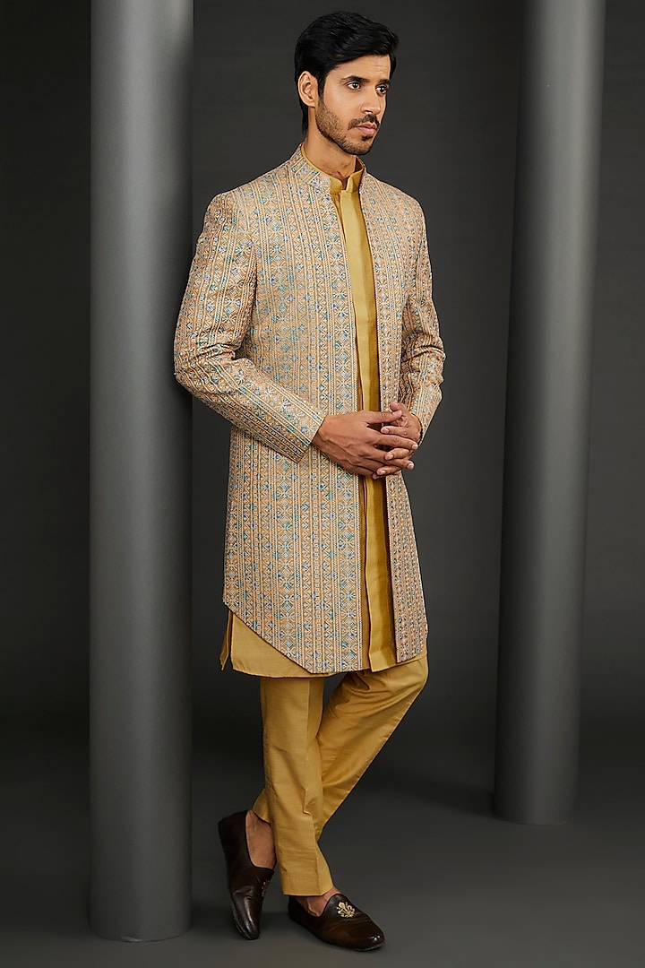 Yellow Cotton Silk Embroidered Wedding Sherwani Set by GUJRALS at Pernia's Pop Up Shop