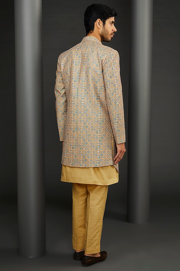Yellow Cotton Silk Embroidered Wedding Sherwani Set by GUJRALS at Pernia's Pop Up Shop