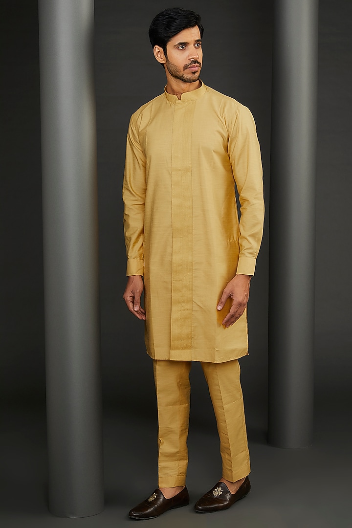 Yellow Cotton Silk Embroidered Wedding Sherwani Set by GUJRALS at Pernia's Pop Up Shop