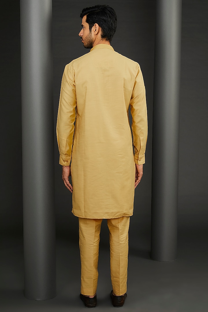 Yellow Cotton Silk Embroidered Wedding Sherwani Set by GUJRALS at Pernia's Pop Up Shop