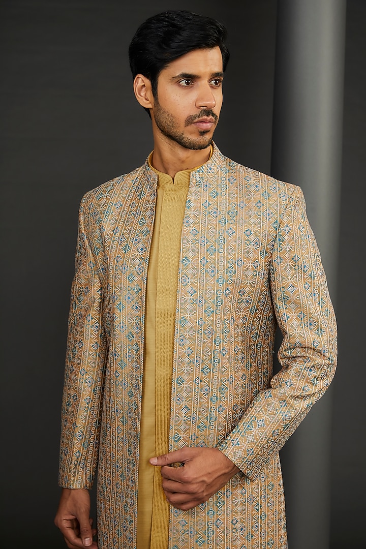 Yellow Cotton Silk Embroidered Wedding Sherwani Set by GUJRALS at Pernia's Pop Up Shop