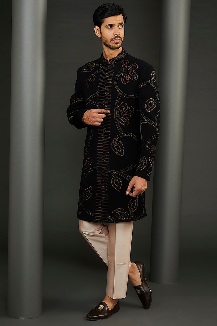 Black Rayon Thread Embroidered Wedding Sherwani Set by GUJRALS at Pernia's Pop Up Shop