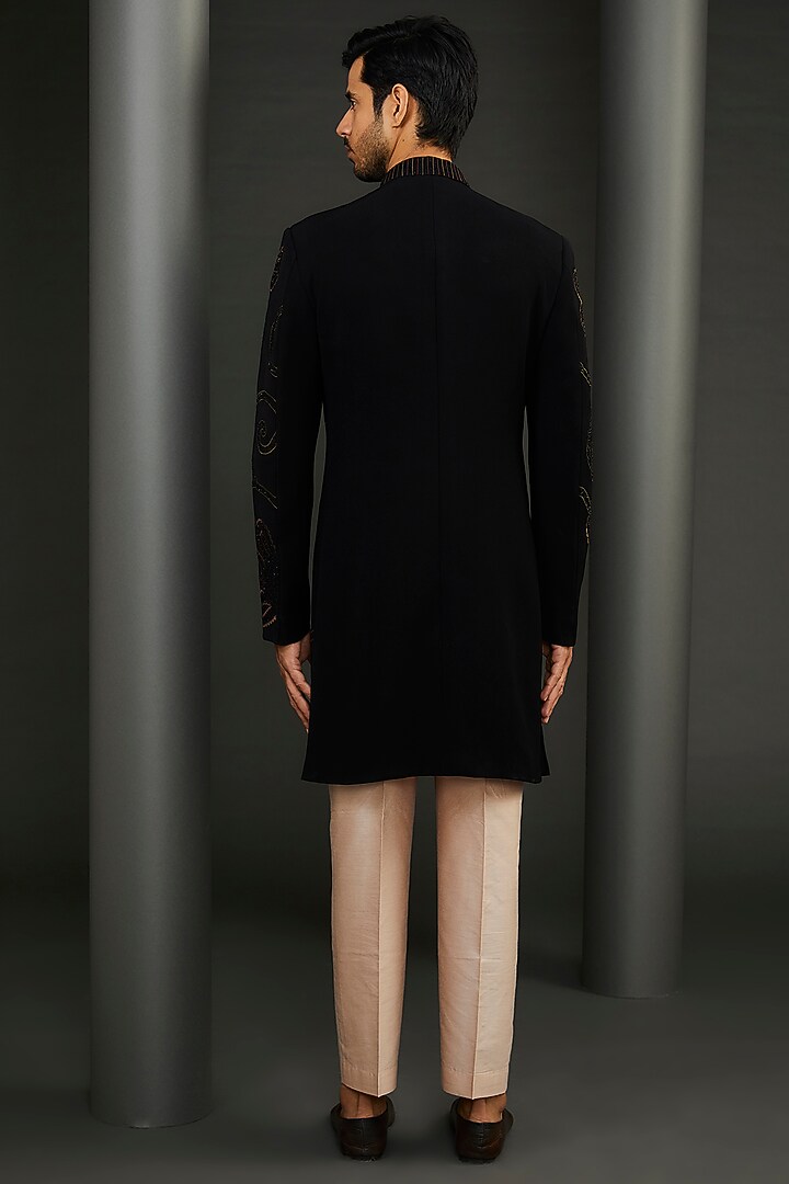 Black Rayon Thread Embroidered Wedding Sherwani Set by GUJRALS at Pernia's Pop Up Shop