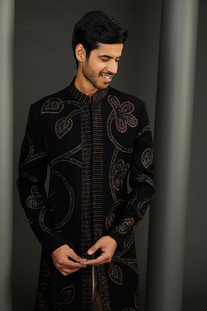 Black Rayon Thread Embroidered Wedding Sherwani Set by GUJRALS at Pernia's Pop Up Shop