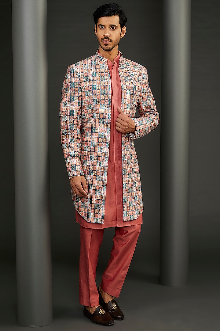 Rust Cotton Silk Embroidered Sherwani Set by GUJRALS