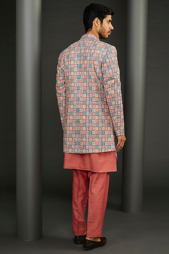 Rust Cotton Silk Embroidered Wedding Sherwani Set by GUJRALS at Pernia's Pop Up Shop